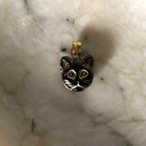 Solid 14K yellow gold vintage glass black cat good luck pendant lucky charm 585